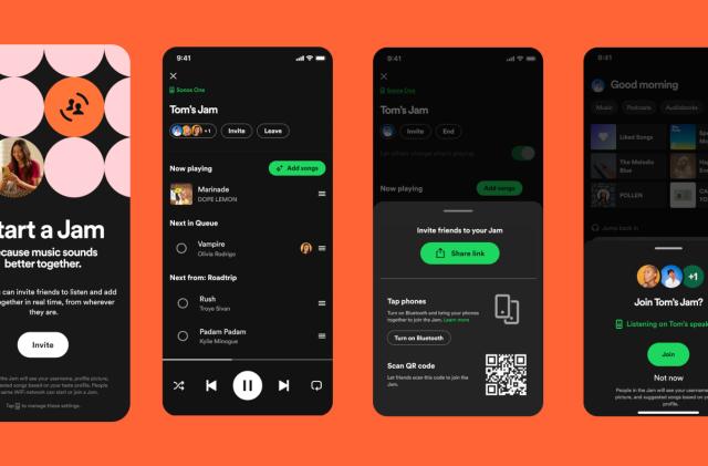 Screenshots showing Spotify's new feature Jam against an orange background.