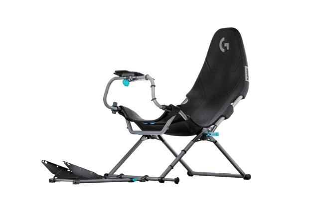 A black folding chair with the Logitech logo.