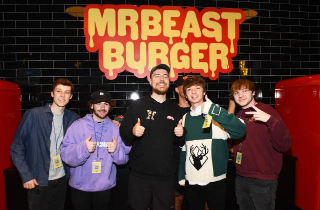 EAST RUTHERFORD, NEW JERSEY - SEPTEMBER 04: (L-R) Nolan Hansen, Sapnap, MrBeast, Karl Jacobs and Punz attend as Global YouTube star MrBeast launches the first physical MrBeast Burger Restaurant at American Dream on September 4, 2022 in East Rutherford, New Jersey. (Photo by Dave Kotinsky/Getty Images for MrBeast Burger)