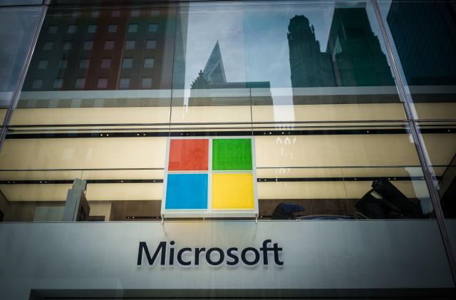 16 September 2023, USA, New York: The Microsoft logo, taken at the 5th Avenue store in Manhattan. Photo: Michael Kappeler/dpa (Photo by Michael Kappeler/picture alliance via Getty Images)