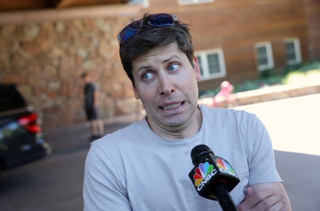 SUN VALLEY, IDAHO - JULY 11: Sam Altman, CEO of OpenAI, speaks to the media as he arrives at the Sun Valley Lodge for the Allen & Company Sun Valley Conference on July 11, 2023 in Sun Valley, Idaho. Every July, some of the world's most wealthy and powerful businesspeople from the media, finance, technology and political spheres converge at the Sun Valley Resort for the exclusive weeklong conference. (Photo by Kevin Dietsch/Getty Images)