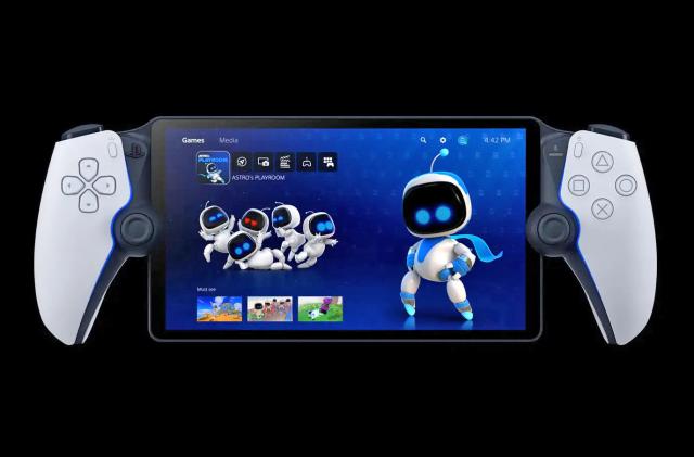 Sony's PlayStation Portal remote player handheld device, showing PlayStation 5 menu screen and a cute robot character named Astro.