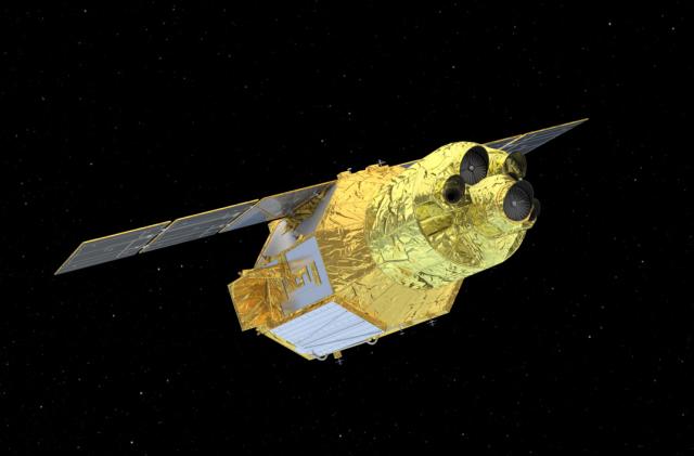 A digital rendering of the gold-wrapped X-Ray Imaging and Spectroscopy Mission — or XRISM spacecraft seen against the black background of space with only a few stars..