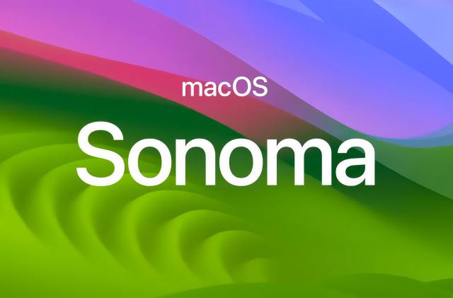 Apple slide image for macOS Sonoma. It includes the text "macOS Sonoma" over a colorful background that waves between green, blue and purple.