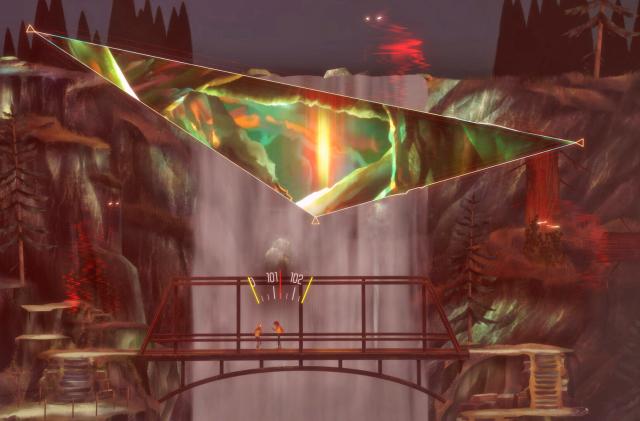 In this still from the video game 'Oxenfree II' two characters face each other on a bridge with a waterfall in the background and a triangular void in the air above them that seems to look into another colorful world.