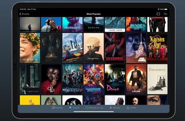 Marketing image of Letterboxd for iPad. A grid of popular movies in an iPadOS app framed in an iPad.
