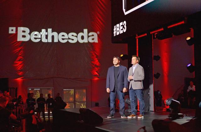 LOS ANGELES, CA - JUNE 10:  Hugo Martin (L) and Marty Stratton present 'Doom Eternal' onstage as Bethesda Softworks shows off new video game experiences at its E3 Showcase and at The Event Deck at LA LIVE on June 10 ahead of the Electronic Entertainment Expo (E3) happening at the Los Angeles Convention Center from June 12-14 in Los Angeles, California.  