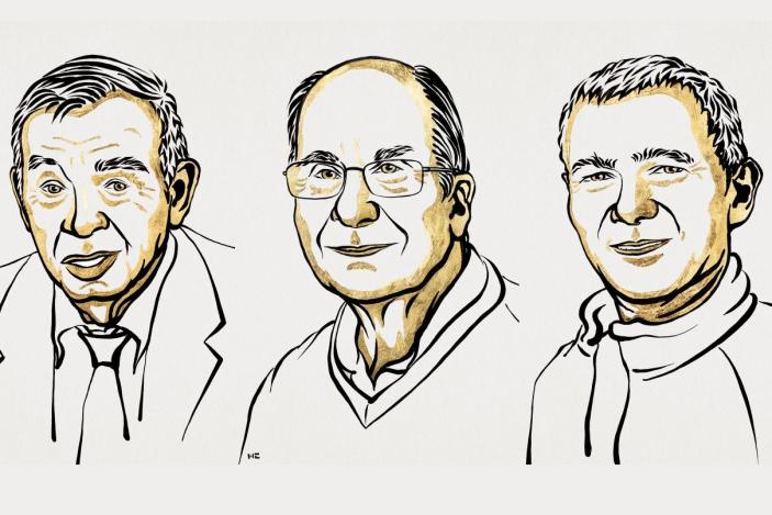 Simple sketches of the three 2023 Nobel Prize in Chemistry winners: Alexei I. Ekimov, Louis E. Brus and Moungi G. Bawendi.