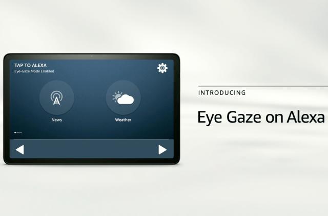 A banner showing the words Eye Gaze on Alexa, with a tablet on the left showing two big icons for News and Weather.