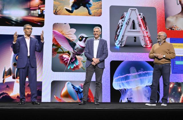 IMAGE DISTRIBUTED FOR ADOBE - Anil Chakravarthy, President of Digital Experience at Adobe, left, David Wadhwani, President of Digital Media at Adobe, center, and Shantanu Narayen, Chairman and CEO at Adobe, unveil Adobe Firefly, a family of creative generative AI models during Adobe Summit on Tuesday, March 21, 2023, in Las Vegas. (David Becker/AP Images for Adobe)