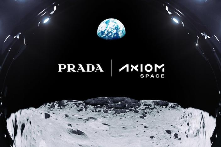 A view from the moon of Earth with the words "Prada" and "Axiom Space."